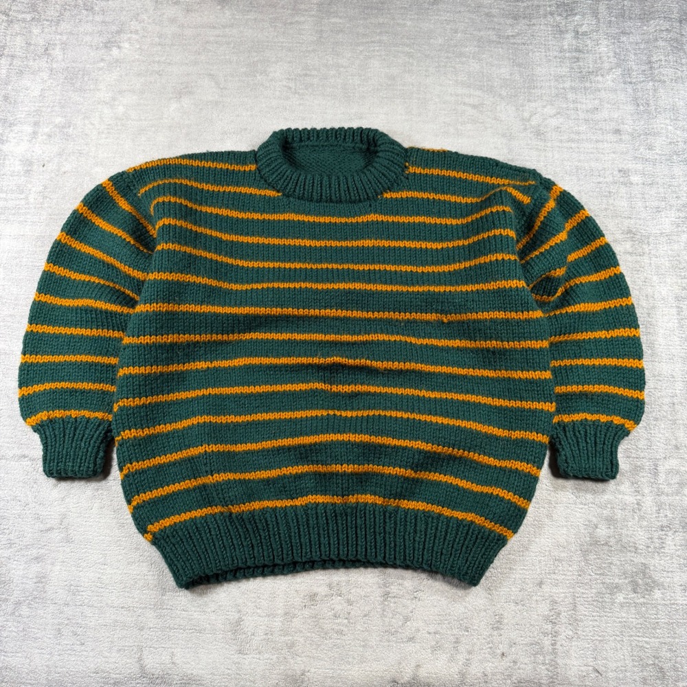 Vintage Handmade Sweater Mens XL Green Striped Knit Chunky Pullover Grunge